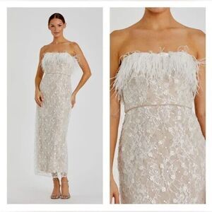 Mac Duggal 68140 Embellished Feather Strapless Column Nude White Dress Sz‎ 4 NEW